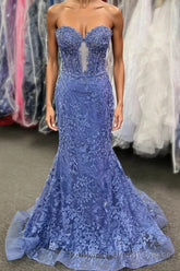 Sweetheart Periwinkle Keyhole Mermaid Semi Formal Prom Dress with Appliques